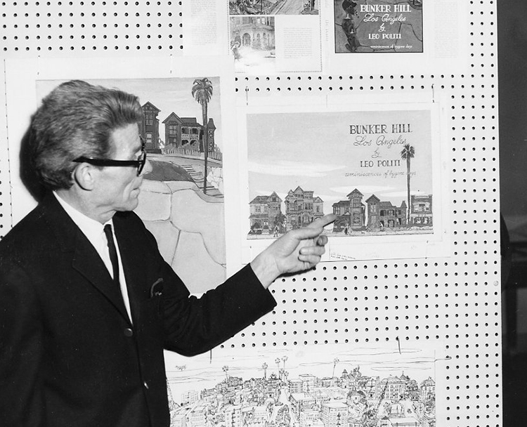 Leo Politi points to an illustration from his book, “Bunker Hill, Los Angeles: Reminiscences of Bygone Days.”