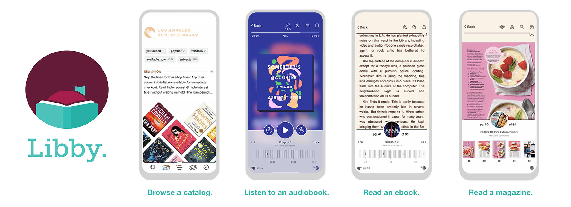 Libby logo with screenshots showing how you can browse the catalog, listen to an audiobook, read an ebook, and read a magazine on Libby