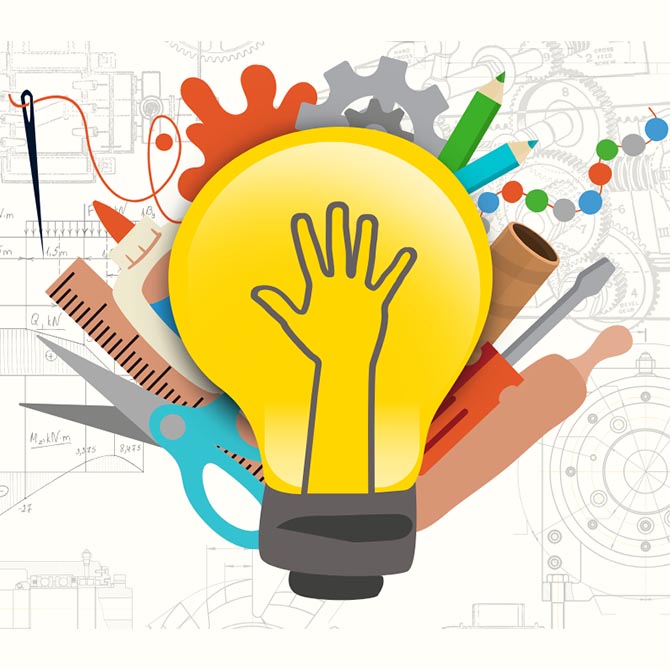 light bulb and an array of tools