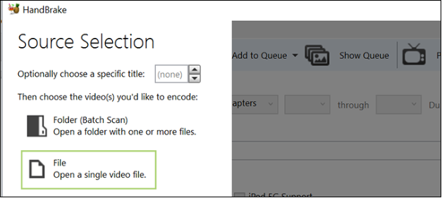 Source Selection screen from HandBrake with file highlighted
