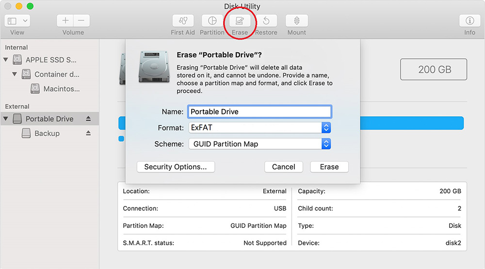Disk Utility - Erase circled