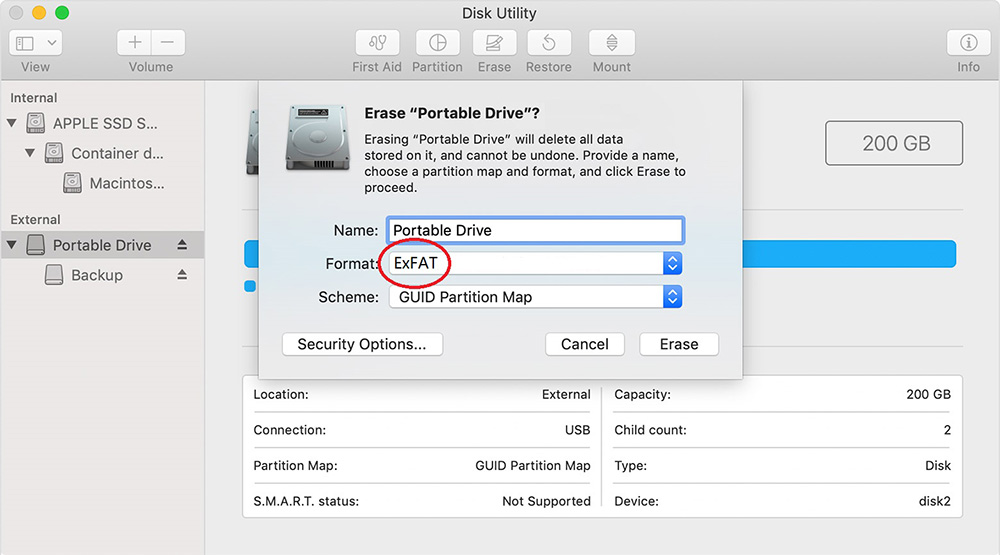 Disk Utility - ExFAT circled