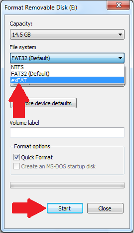 Formal Removable Disk with exFAT and start highlighted